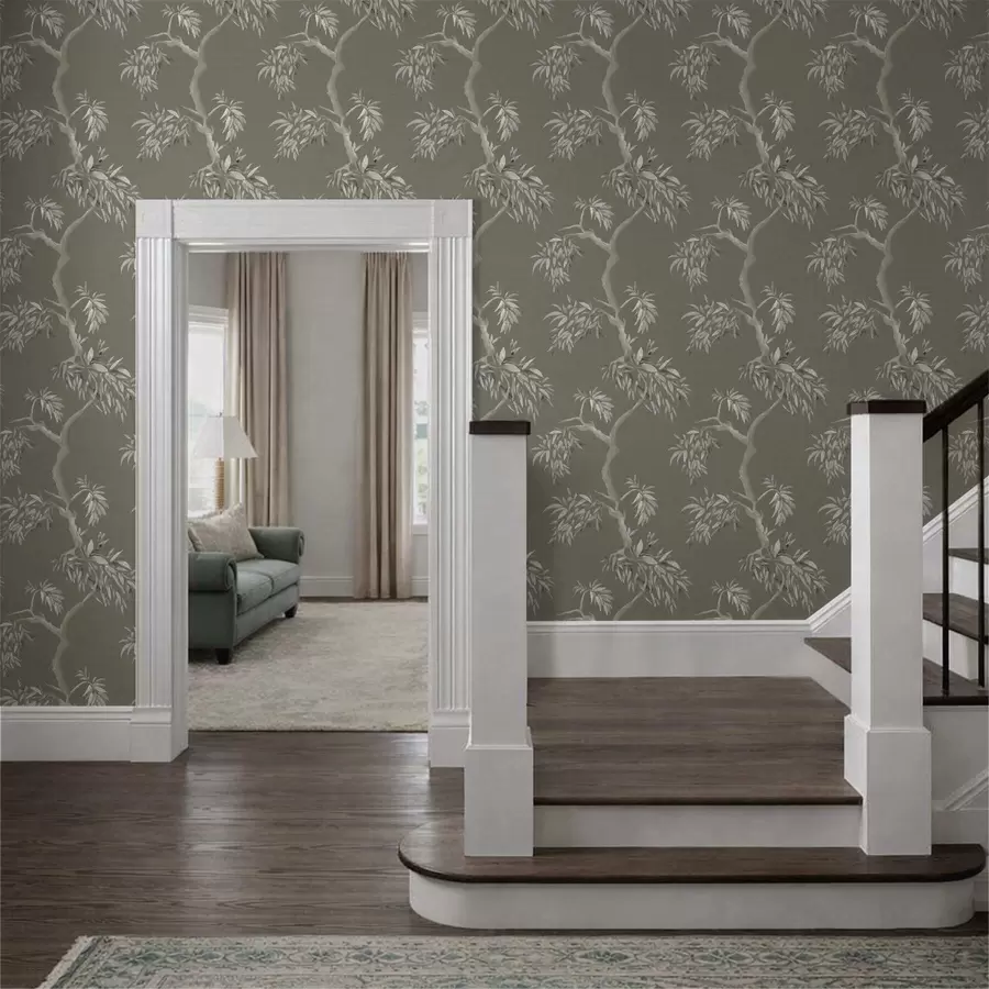 Valokuvatapetti Vaalea oksa lehdillä oliivinvärisellä taustalla a01117v1