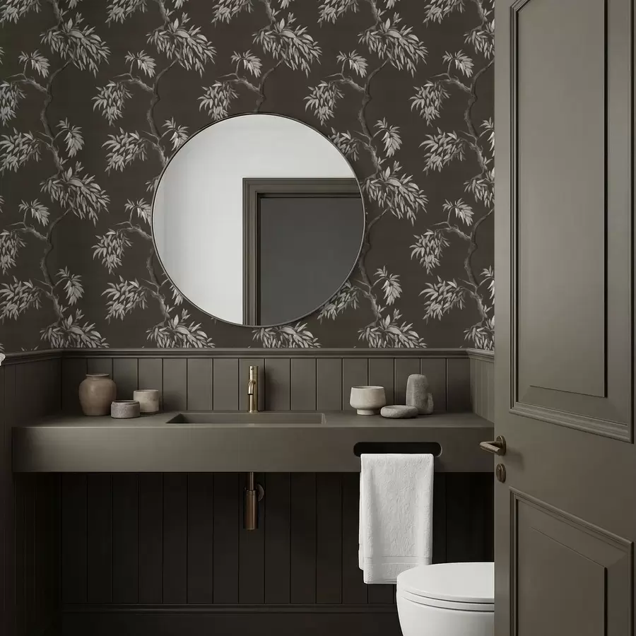 Valokuvatapetti Yksivärinen oksa, jossa on lehtiä tummalla taustalla a01117v2