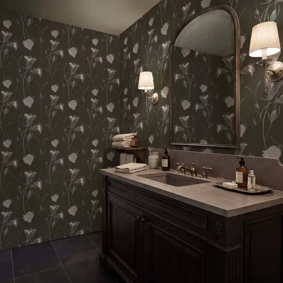 Valokuvatapetti Harmaat kellokukat tummalla taustalla a01119v1