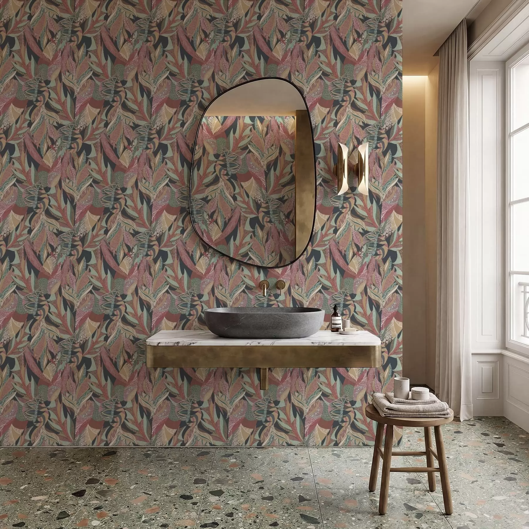 Valokuvatapetti Värikkäät kuviolliset lehdet tummalla taustalla a01120