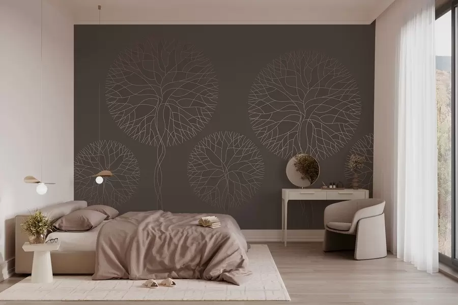 Valokuvatapetti Fantasia lineaariset puut, joissa on rehevät latvukset elegantissa mokkavärissä w05213v1