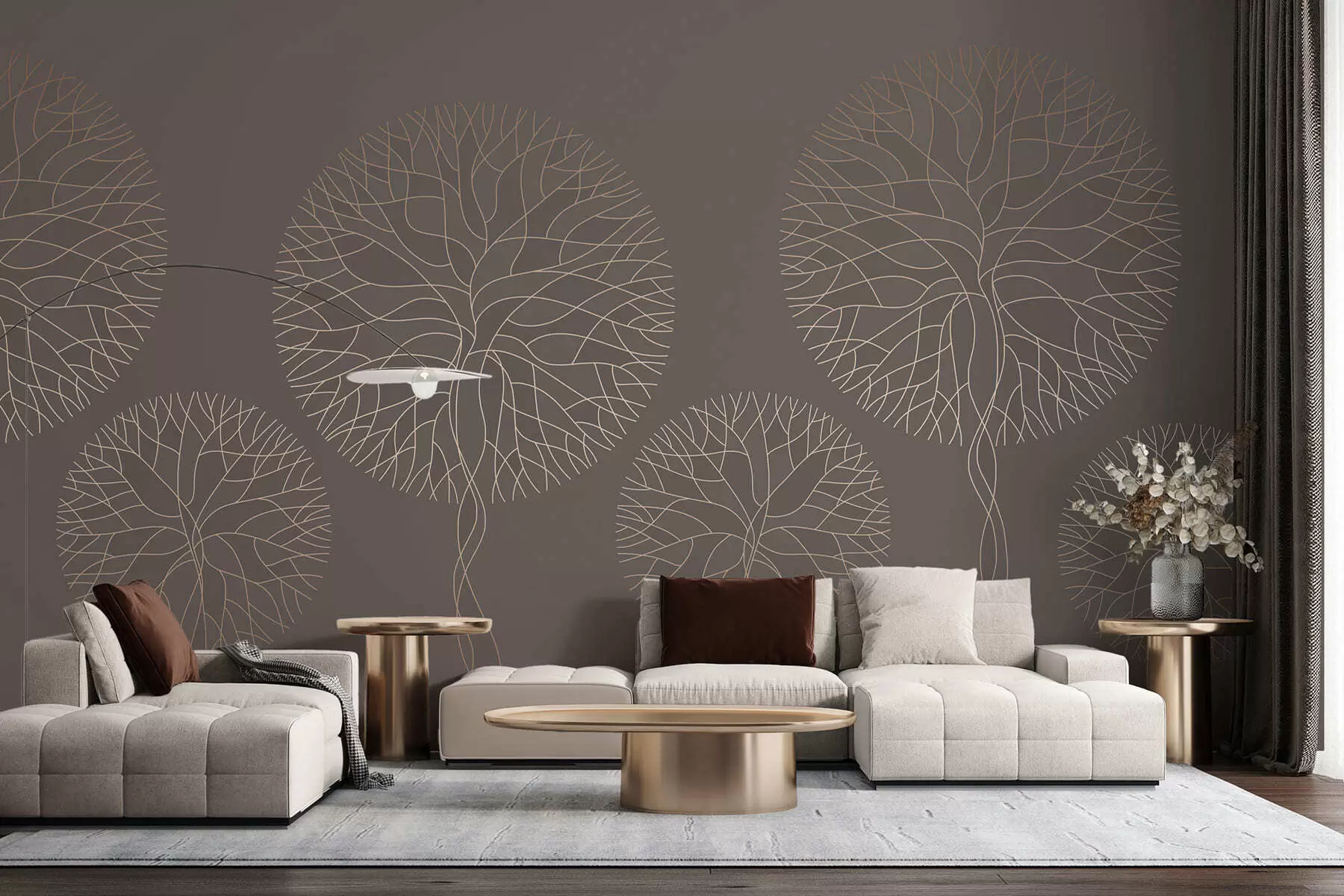 Valokuvatapetti Fantasia lineaariset puut, joissa on rehevät latvukset elegantissa mokkavärissä w05213v1