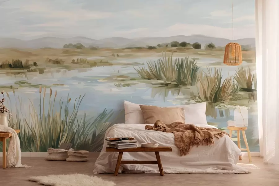 Valokuvatapetti Hiljainen, rauhallinen järvi ja maalauksellinen maisema w05214