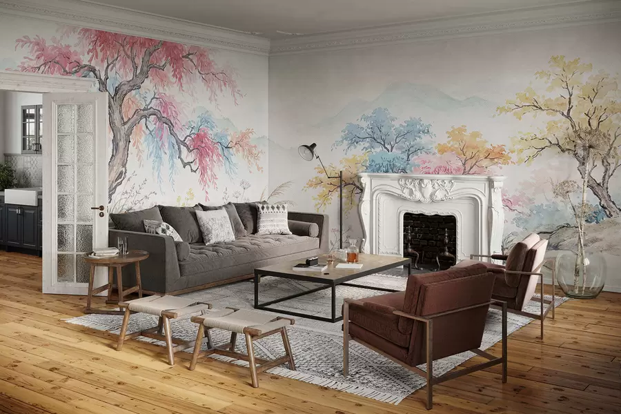 Valokuvatapetti Maalattu värikäs puutarha betoniseinälle w05246