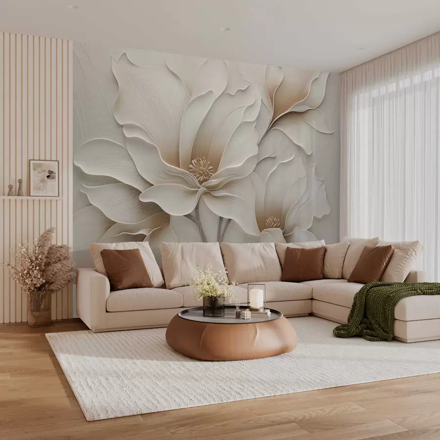 Valokuvatapetti Kohokuvioitu beige kukka reliefi lähikuva w05269