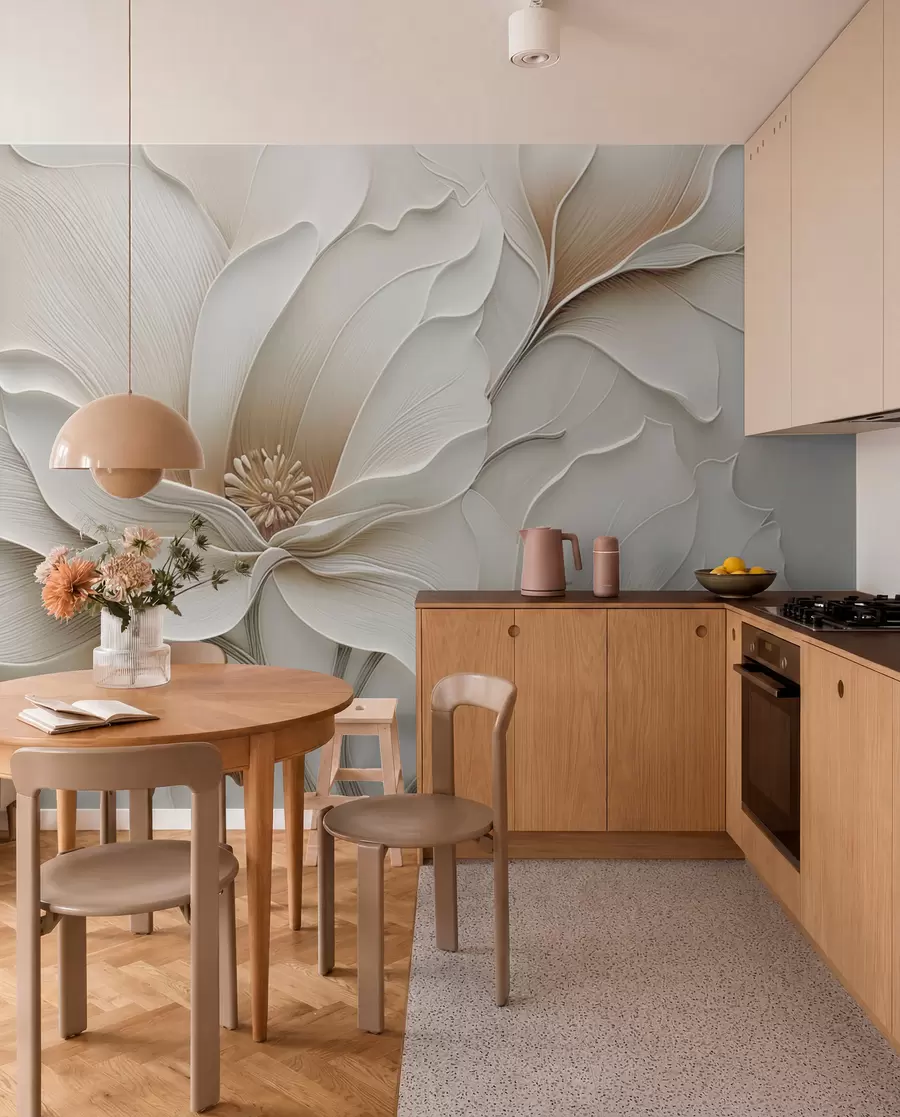 Valokuvatapetti Kohokuvioitu beige kukka reliefi lähikuva w05269