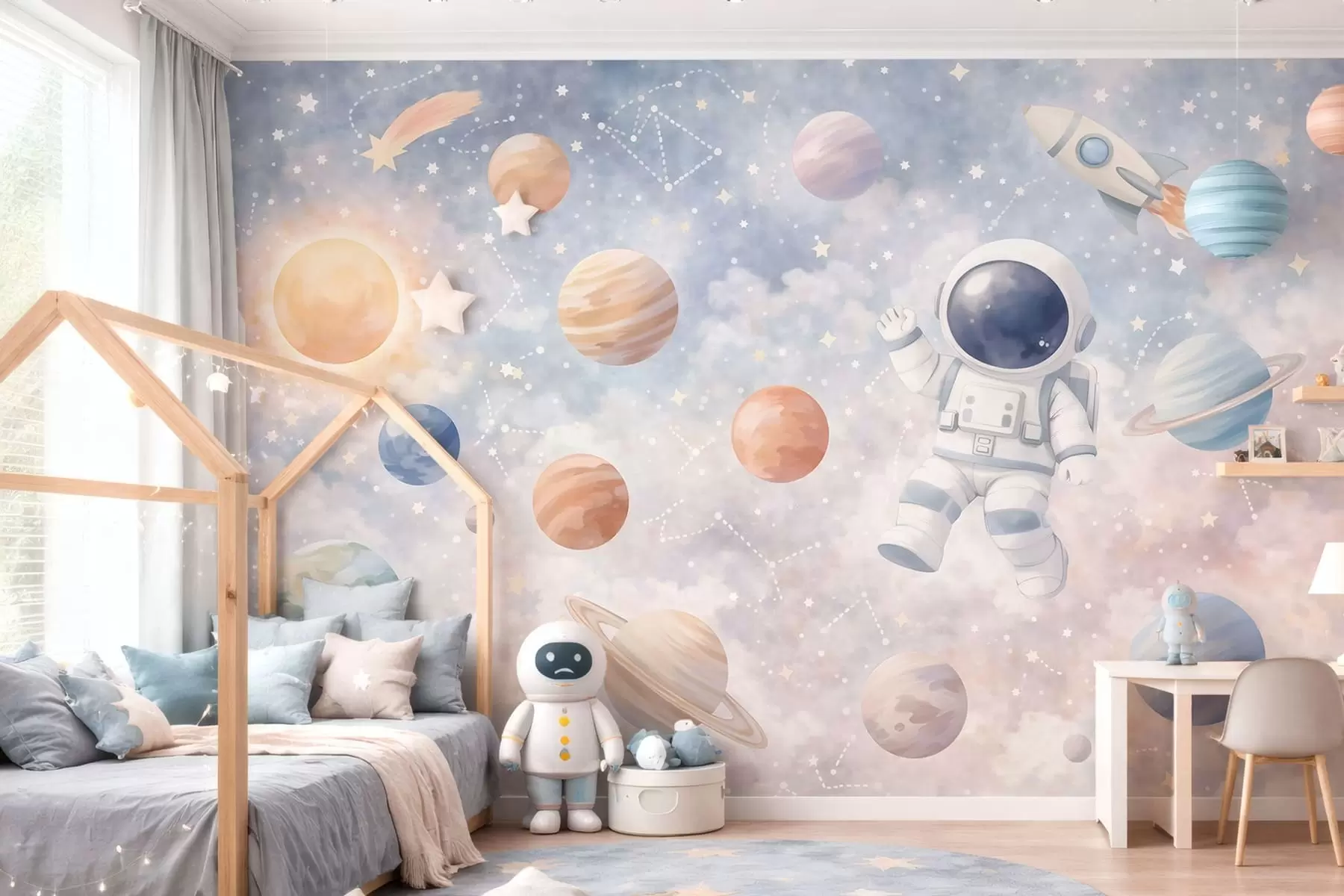Valokuvatapetti pieni astronautti planeettojen ja tähtien keskellä w05233
