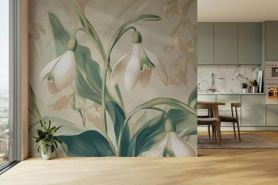 Valokuvatapetti kukivat lumikellot beige-värisellä taustalla w05234