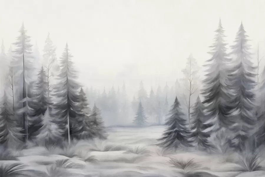 Valokuvatapetti Teksturoidut talviset metsän puut sumussa, hillityissä harmaissa ja valkoisissa sävyissä w09745