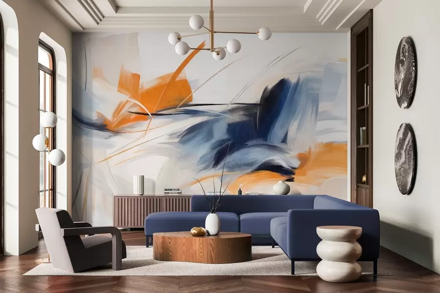 Valokuvatapetti Abstrakti maalaus tyylillä, jossa on oransseja ja sinisiä teksturoituja siveltimenvetoja w09755