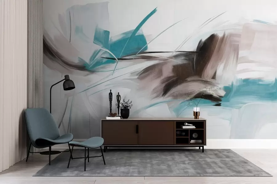 Valokuvatapetti Abstrakti maalaus tyylillä, jossa on ruskeita ja sinisiä teksturoituja siveltimenvetoja w09755v1