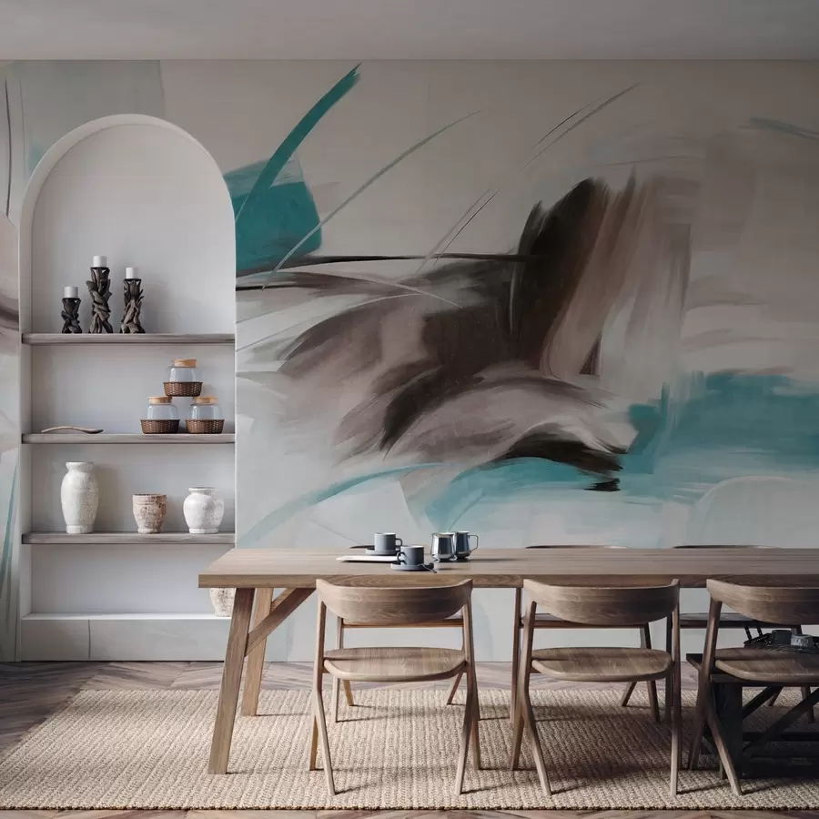 Valokuvatapetti Abstrakti maalaus tyylillä, jossa on ruskeita ja sinisiä teksturoituja siveltimenvetoja w09755v1