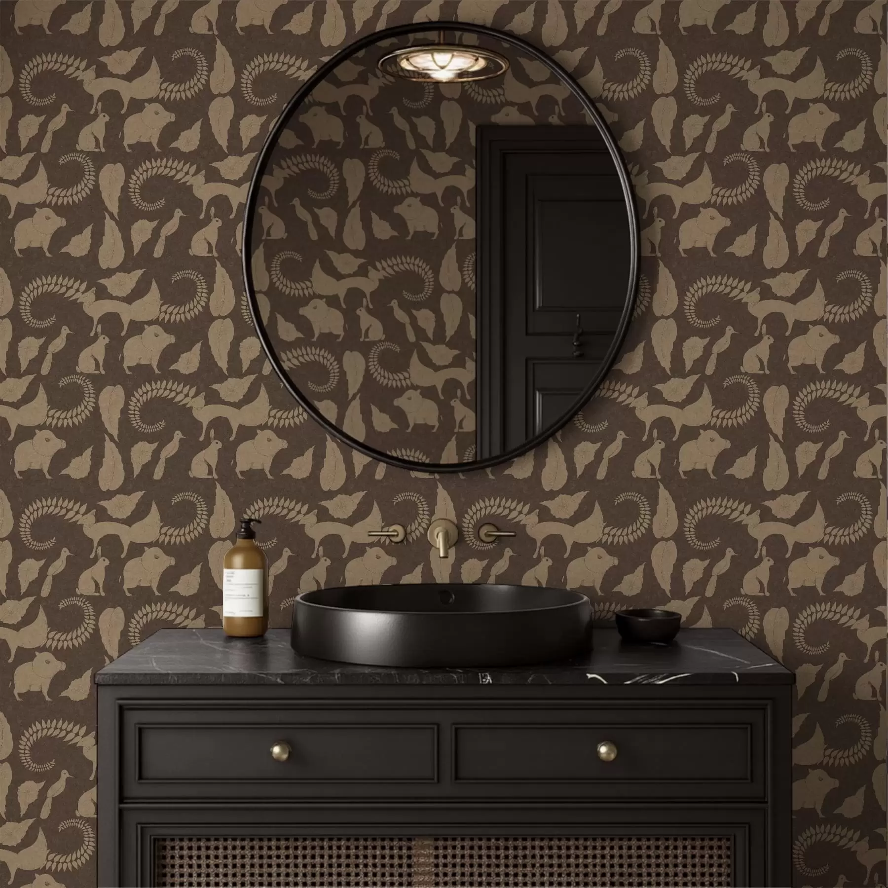 Valokuvatapetti Metsäkuvio eläimillä ruskealla taustalla a01121