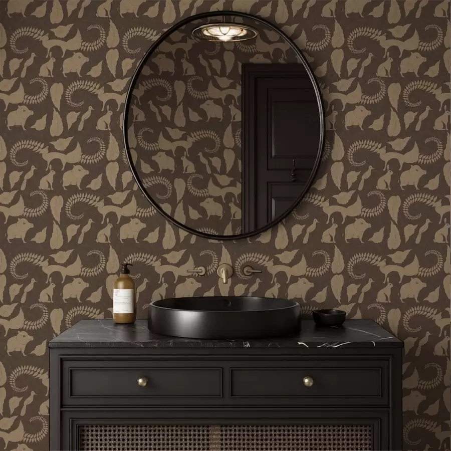 Valokuvatapetti Metsäkuvio eläimillä ruskealla taustalla a01121