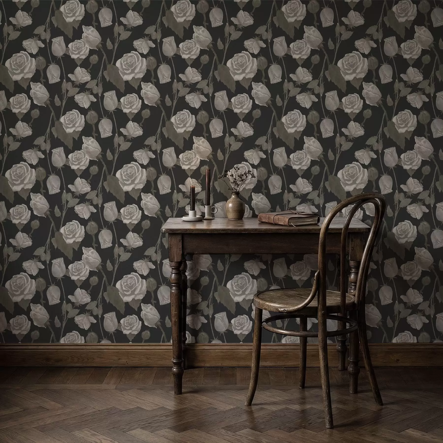 Valokuvatapetti Kukkakuvio ruusuilla tummalla taustalla a01123