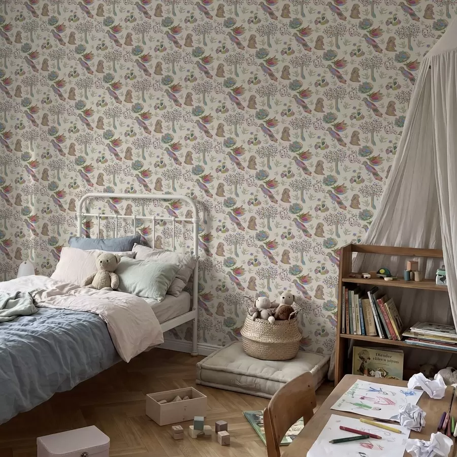 Valokuvatapetti Värikäs lastenkuvio, jossa on lintuja ja kaneja a01127