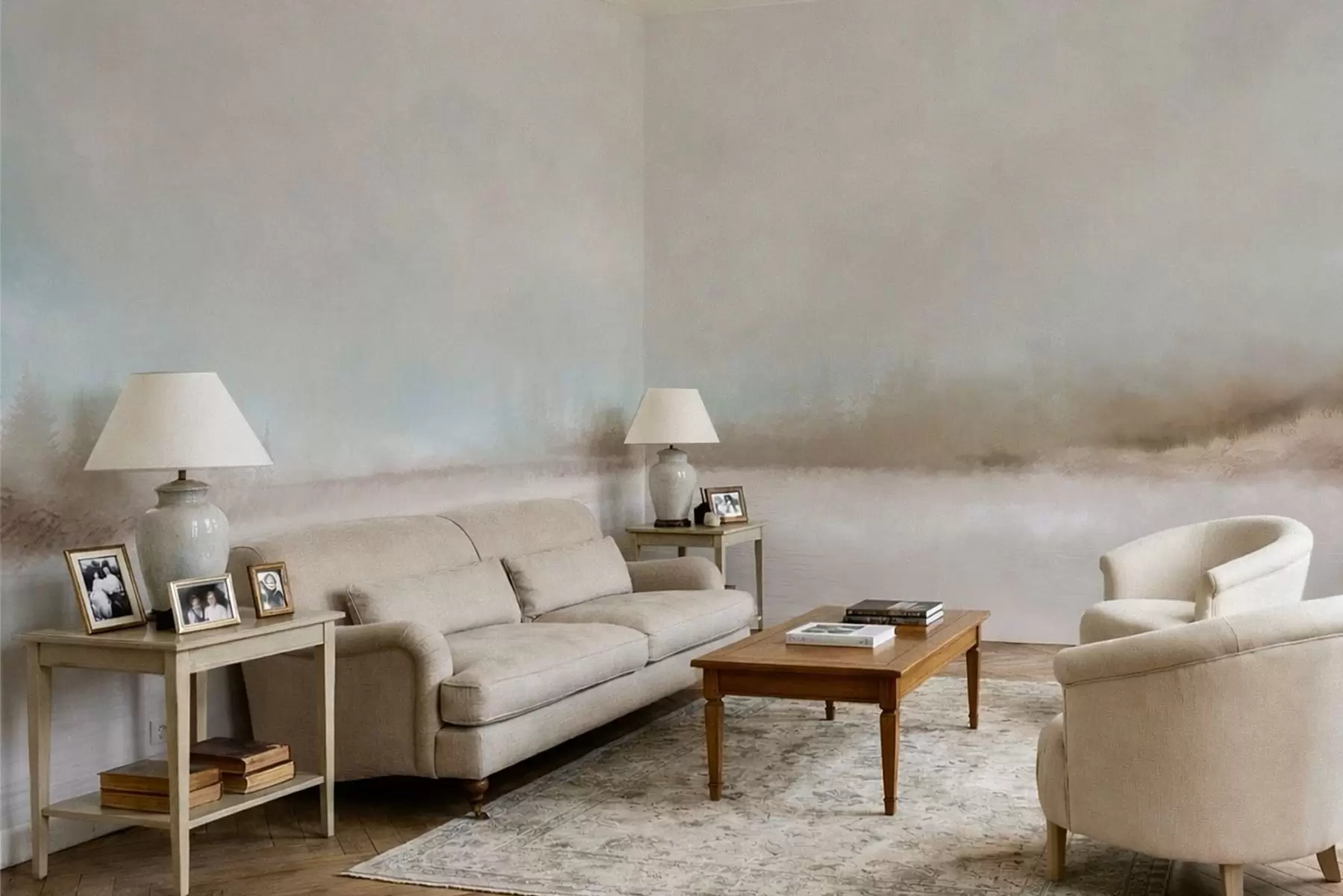 Valokuvatapetti Sumuiset maisemat järven ja metsän kanssa w05319