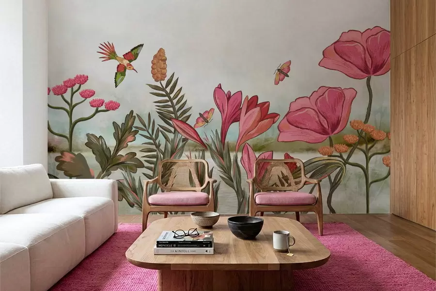 Valokuvatapetti Kirkkaat kukat, joissa on lintuja ja perhosia w05321