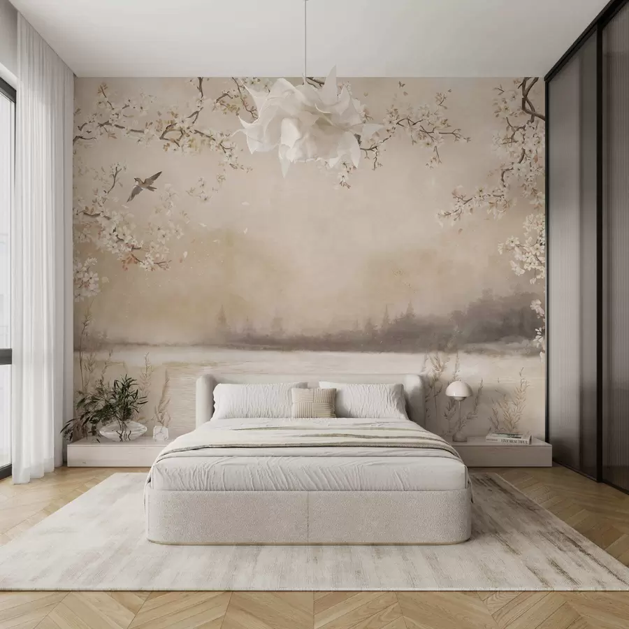 Valokuvatapetti Hienot kukkivat oksat järven rannalla, jossa linnut lentelevät kevyessä sumussa w05155