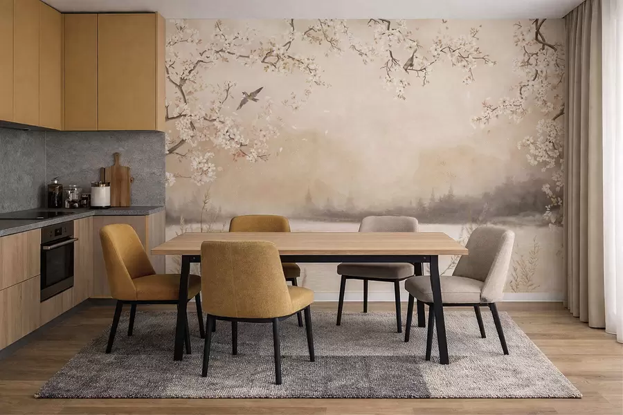 Valokuvatapetti Hienot kukkivat oksat järven rannalla, jossa linnut lentelevät kevyessä sumussa w05155