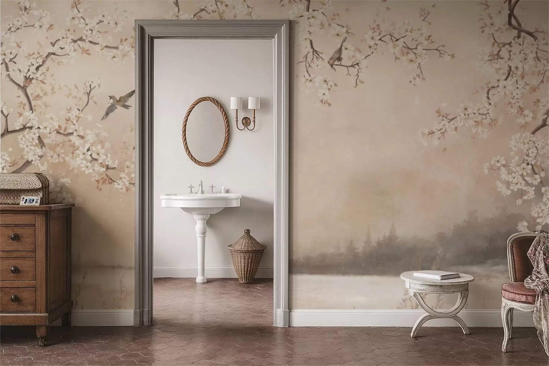 Valokuvatapetti Hienot kukkivat oksat järven rannalla, jossa linnut lentelevät kevyessä sumussa w05155