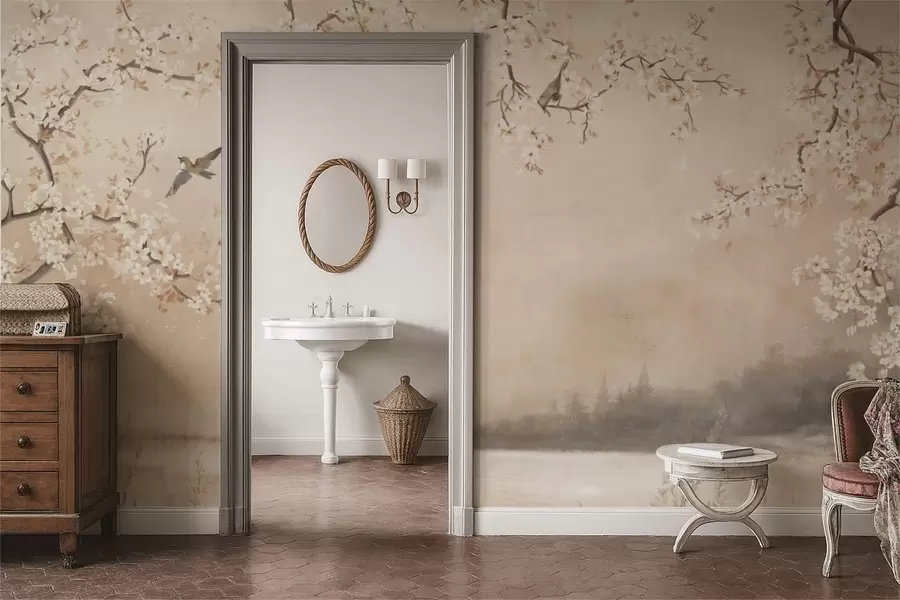 Valokuvatapetti Hienot kukkivat oksat järven rannalla, jossa linnut lentelevät kevyessä sumussa w05155