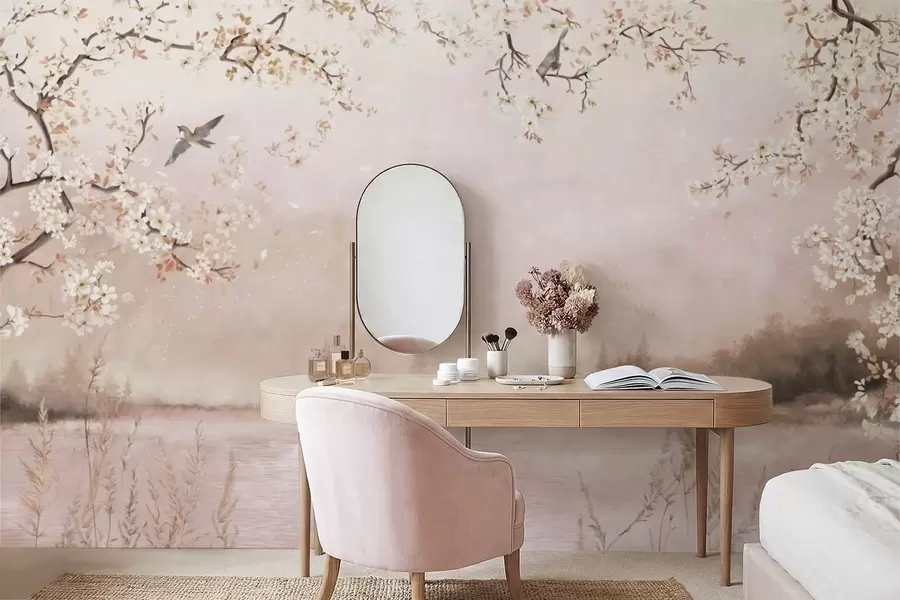 Valokuvatapetti Kukkivat oksat rauhallisen järven yllä, linnut sumussa w05155v1