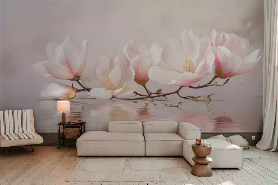 Valokuvatapetti Magnolian oksa kukineen rauhallisen veden heijastuksen yläpuolella w05353v1