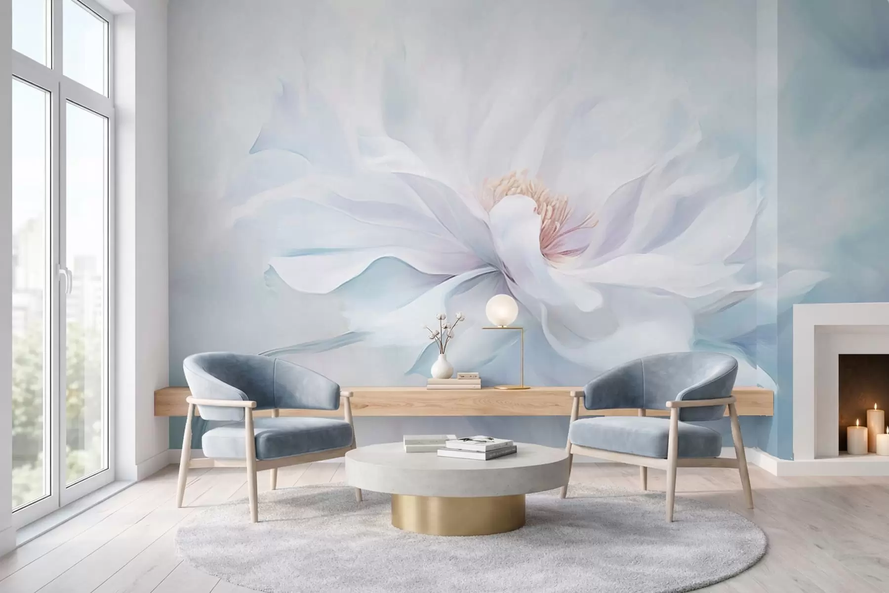 Valokuvatapetti Pehmeä valkoinen kukka, jossa on virtaavat terälehdet sinisellä taustalla w05354