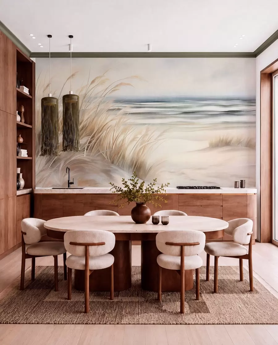 Valokuvatapetti Teksturoitu maisema, jossa on kuivaa ruohoa hiekkarannalla, taustalla meri ja taivas w09739