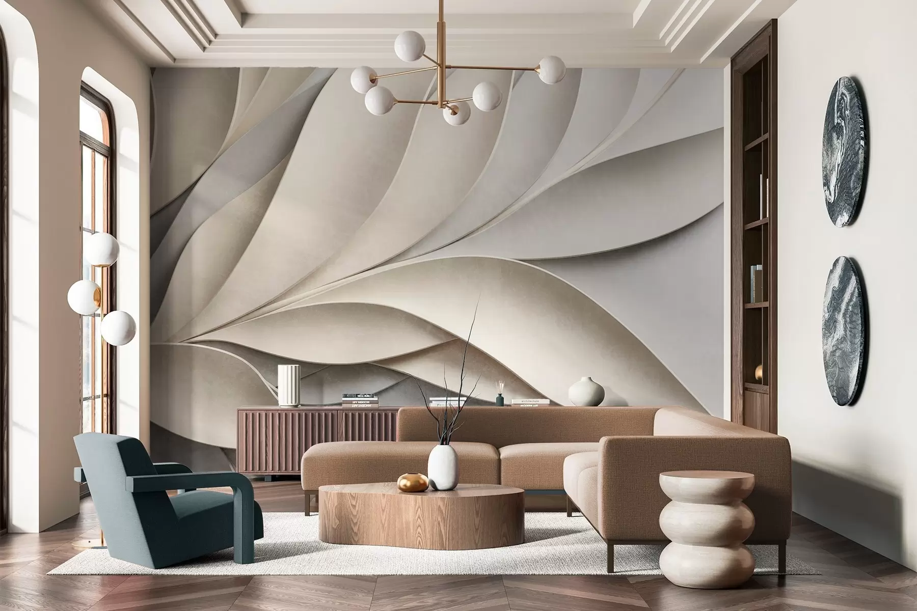 Valokuvatapetti Abstraktit lehdet beigeä ja harmaata, teksturoitu moderni taide w09769