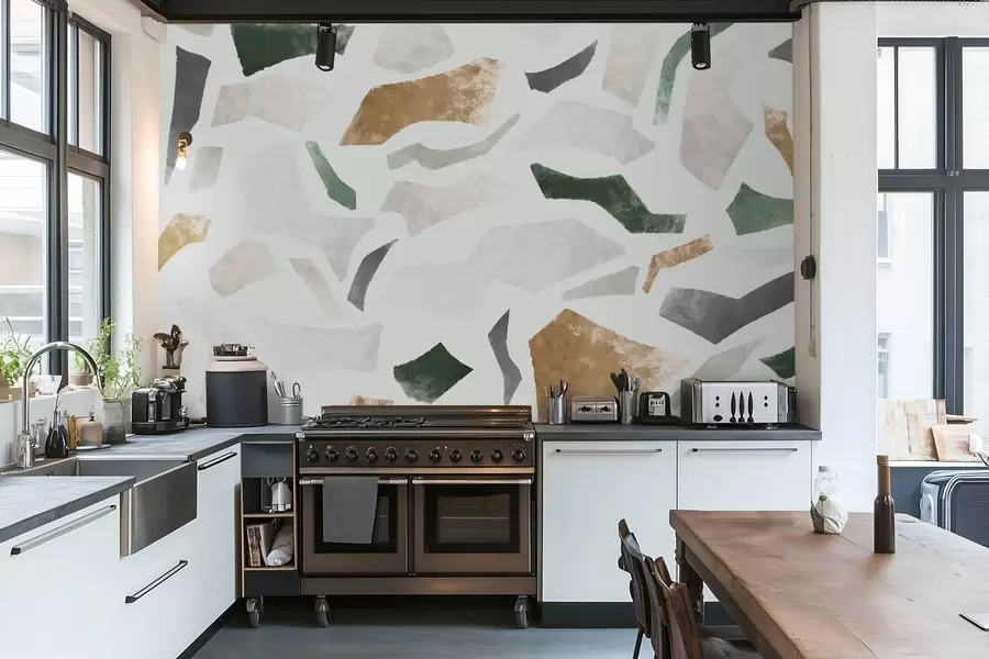 Valokuvatapetti Abstraktit, kuvioidut fragmentit vihreän ja beigen sävyissä w05146