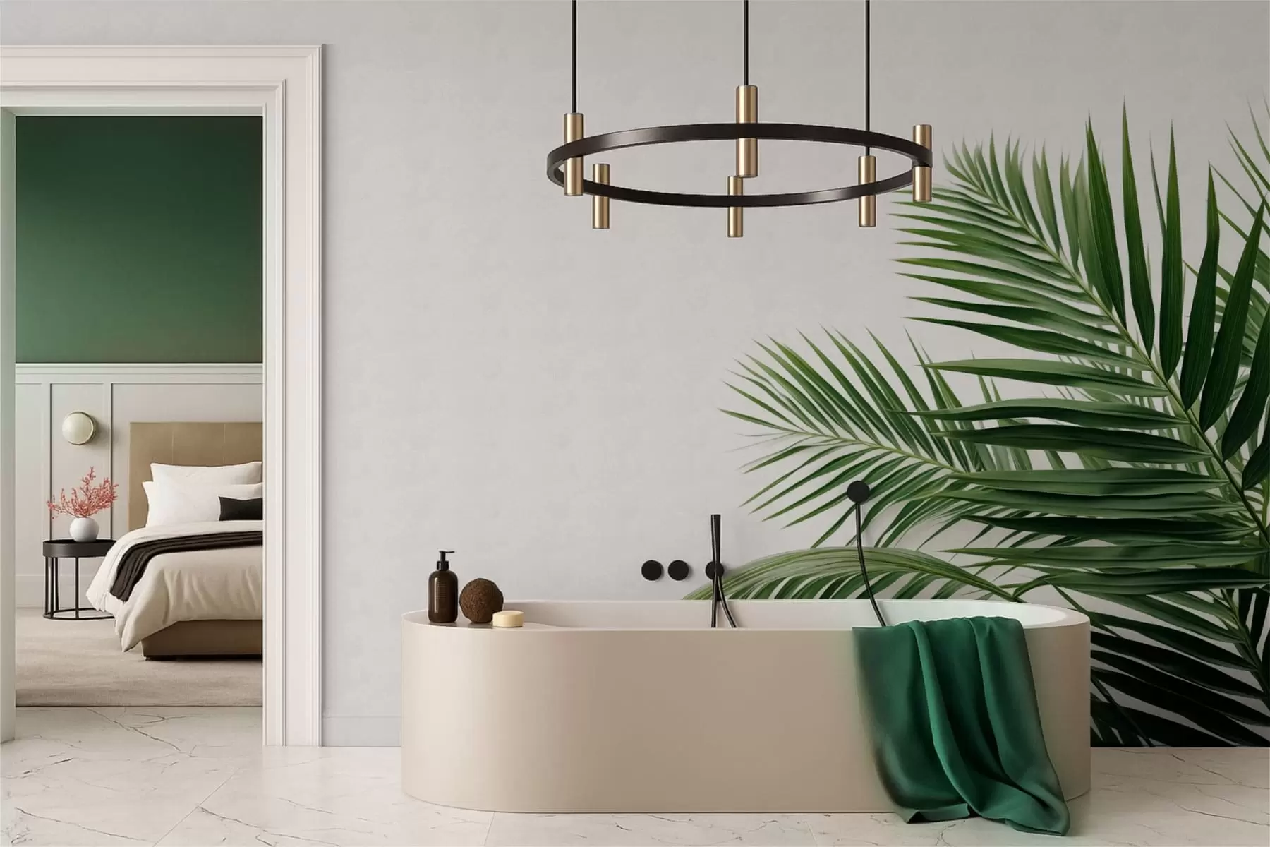 Valokuvatapetti Vihreät palmunlehdet vaalealla taustalla w05391