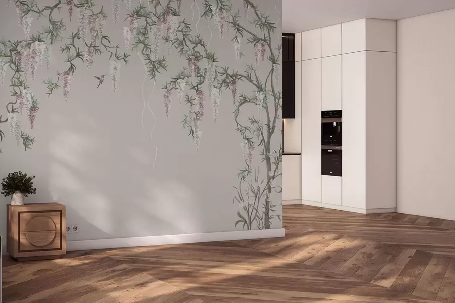 Valokuvatapetti Kukkivat oksat, joissa on vaaleanpunaisia kukkia ja lintuja w05394v1