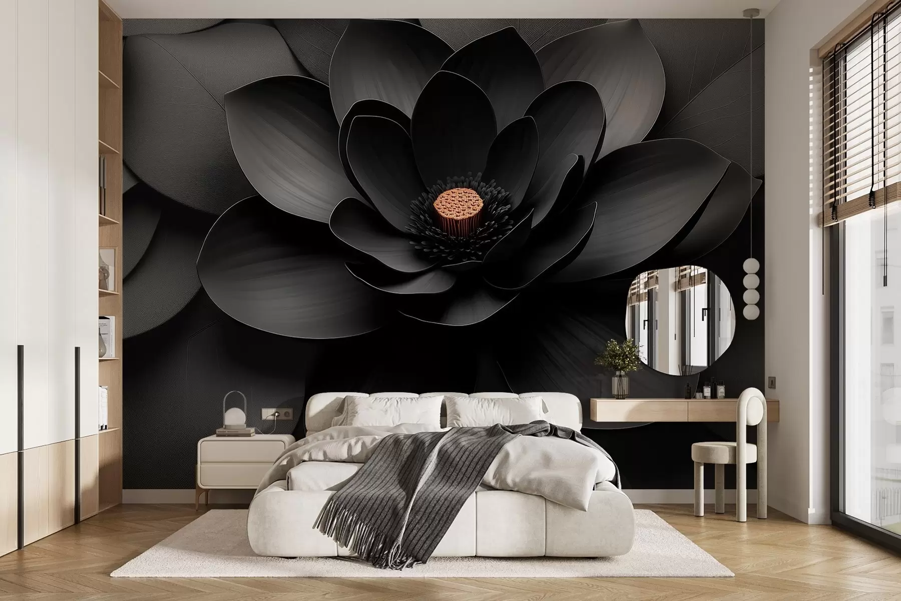 Valokuvatapetti Minimalistinen musta kukka, jossa on terälehtiä ja kontrastina lämmin keskusta w09721