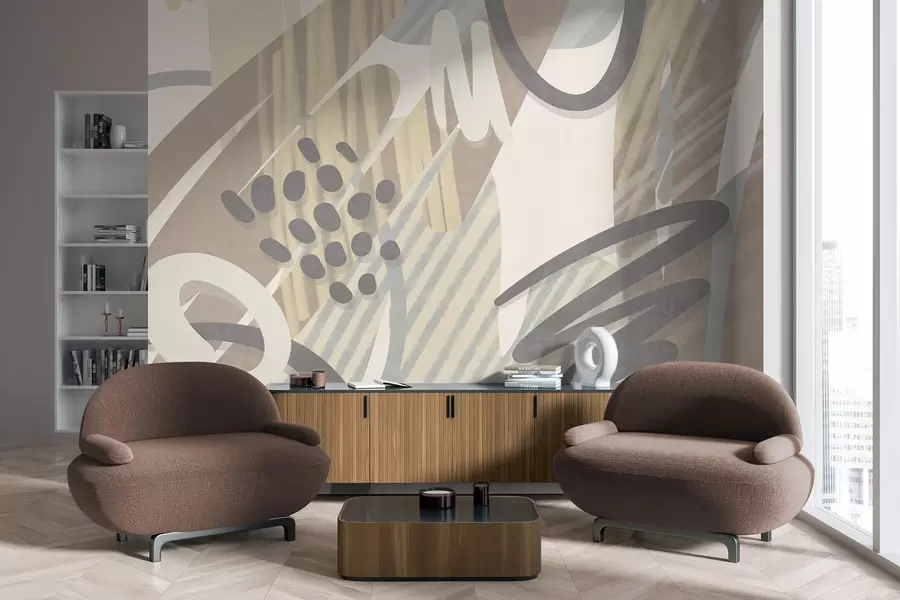 Valokuvatapetti Abstrakti kuvioitu kuosi, jossa on orgaanisia muotoja, raapustuksia ja pisteitä hillityissä pastellisävyissä w09774