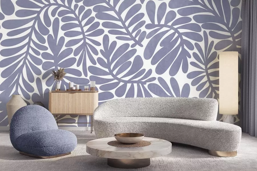 Valokuvatapetti Tyyliteltyjä vaaleansinisiä lehtiä vaalealla taustalla, teksturoitu taideteos w09775v1