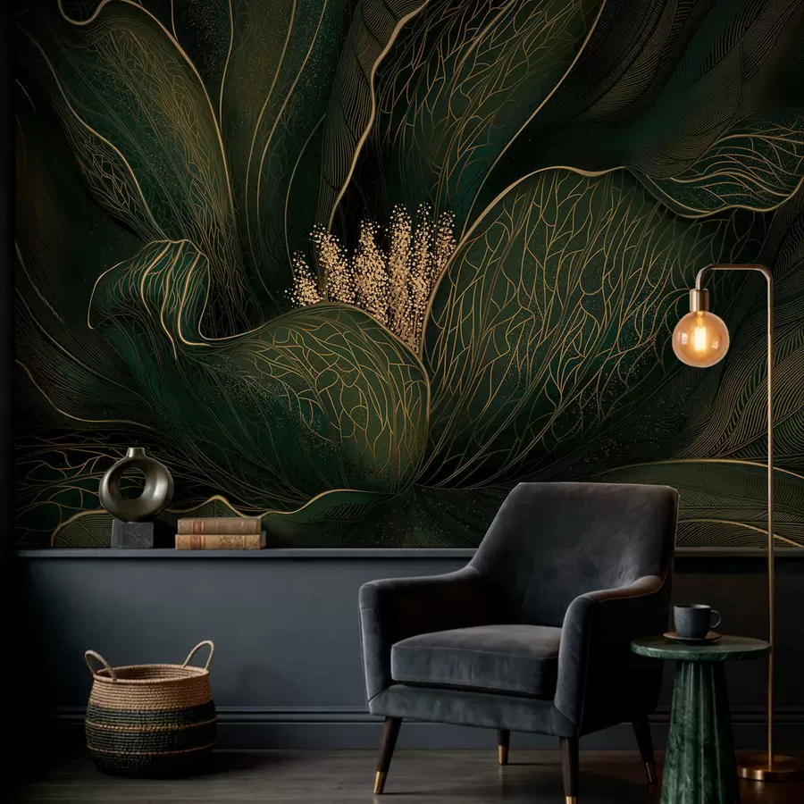 Valokuvatapetti Tummanvihreä abstrakti kukka, jossa on hienoja viivayksityiskohtia w05119v1