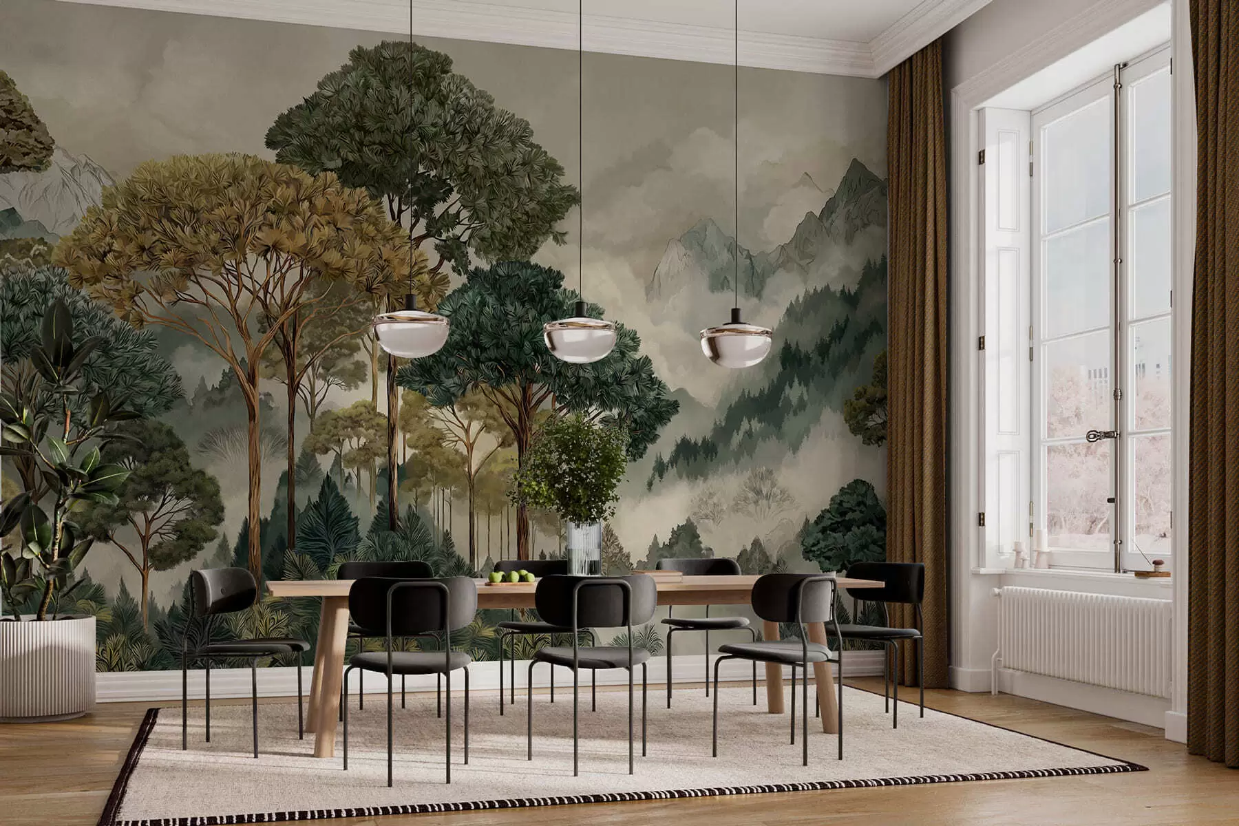 Valokuvatapetti Metsä, jossa kasvaa korkeita puita sumuisilla vuorilla w05410