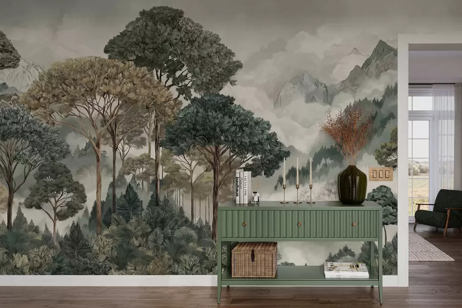 Valokuvatapetti Vuoristomaisema metsineen pehmeissä sävyissä w05410v1