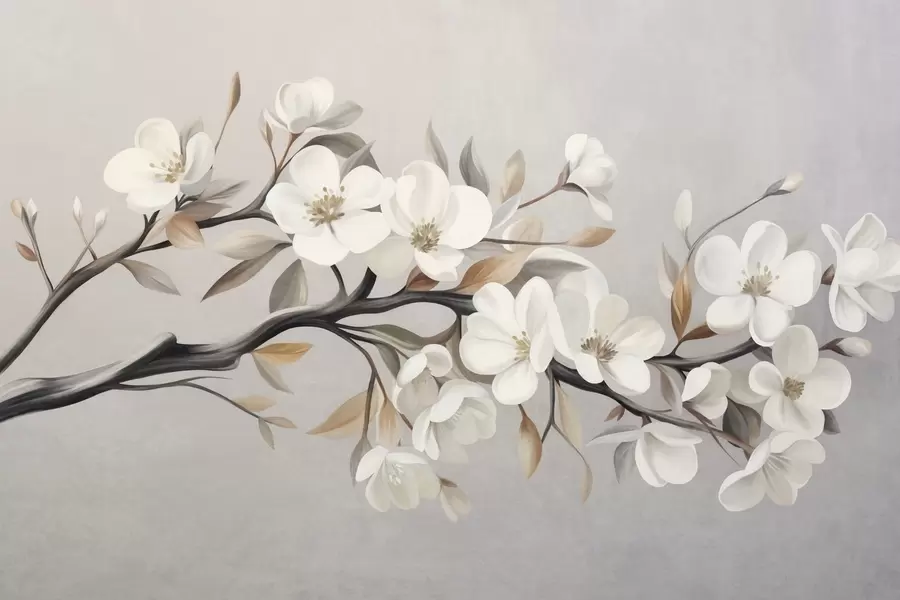 Valokuvatapetti Teksturoitu oksa, jossa on valkoisia kukkia ja ruskeita lehtiä vaaleanharmaalla taustalla w09817