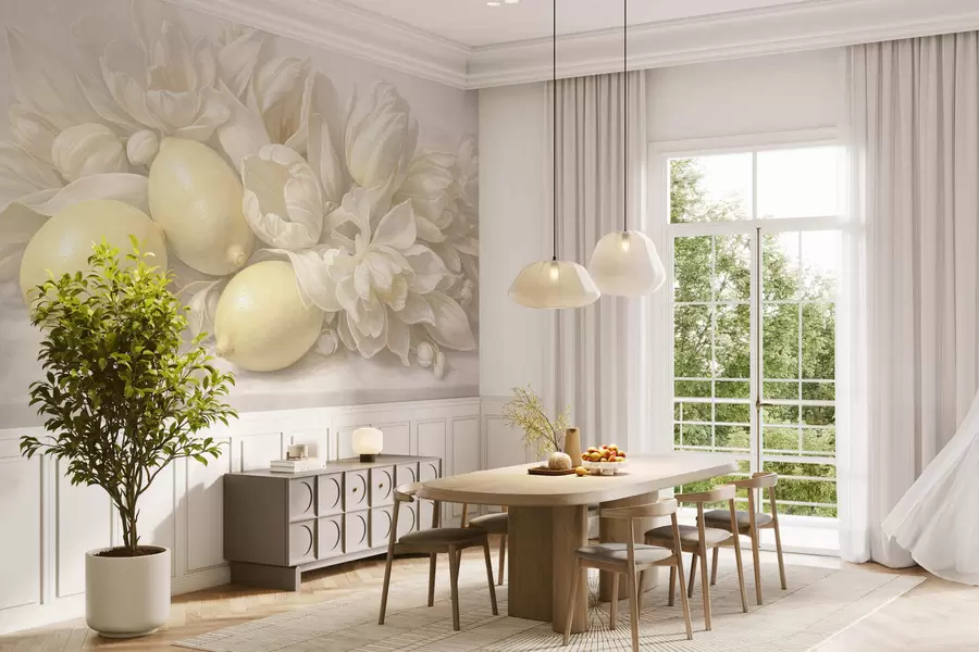 Valokuvatapetti Hienostunut kukkakimppu, jossa on sitruunoita w05449