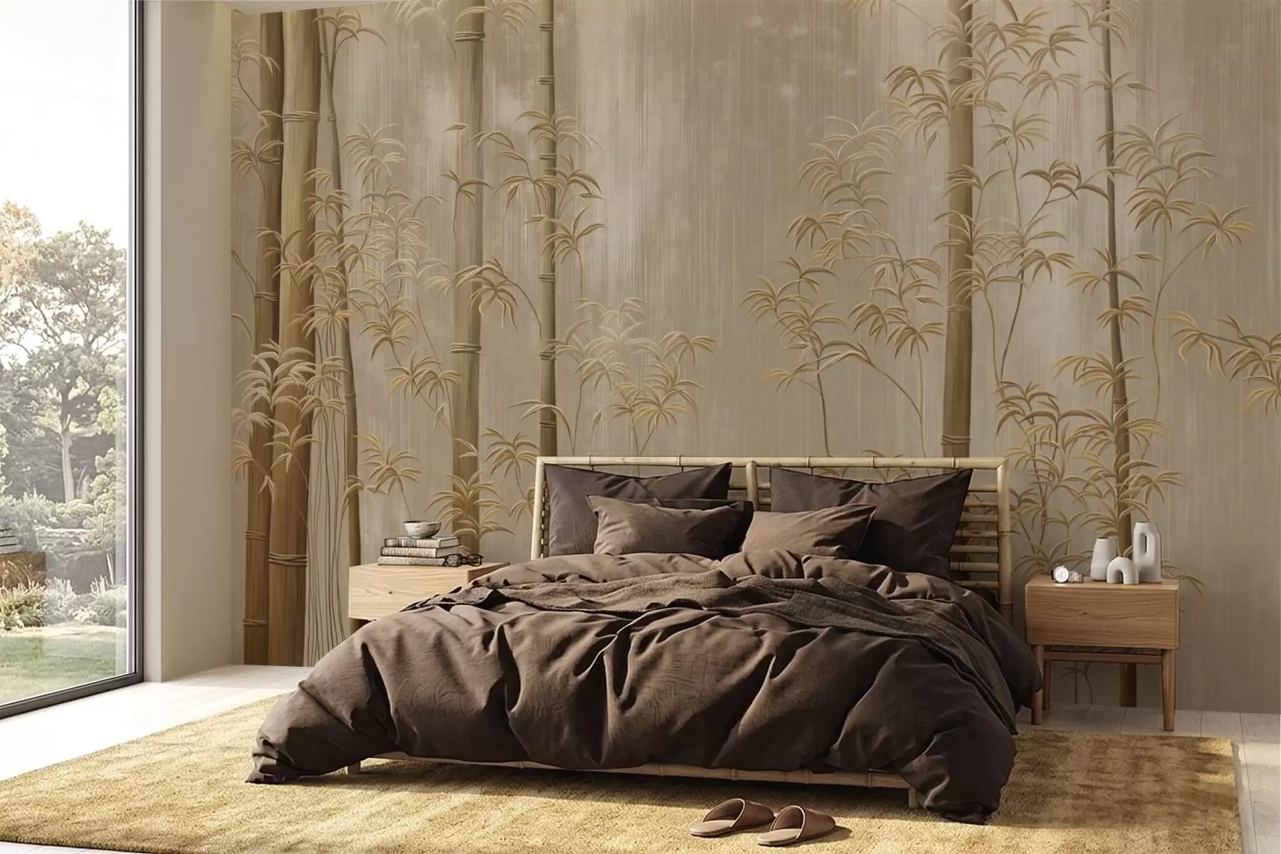 Valokuvatapetti Vaaleanbeige bambu, jossa on ohuet varret w05120v2