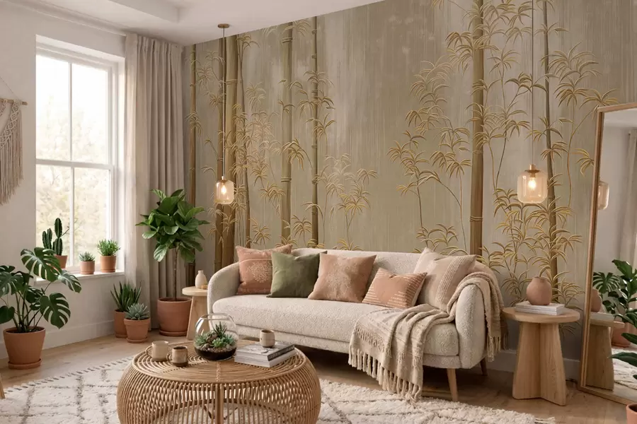 Valokuvatapetti Vaaleanbeige bambu, jossa on ohuet varret w05120v2