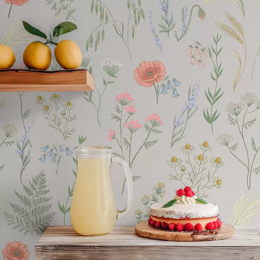 Valokuvatapetti Hienovarainen luonnonkukkakuosi vaalealla taustalla a01152