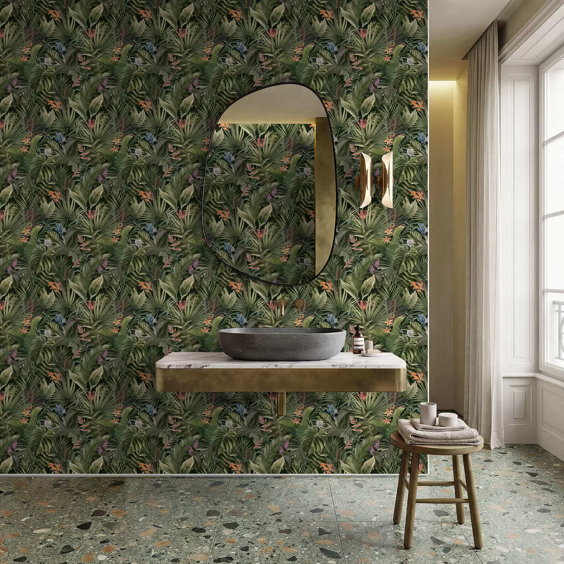 Valokuvatapetti Trooppisia lehtiä ja kukkia tummalla taustalla a01153