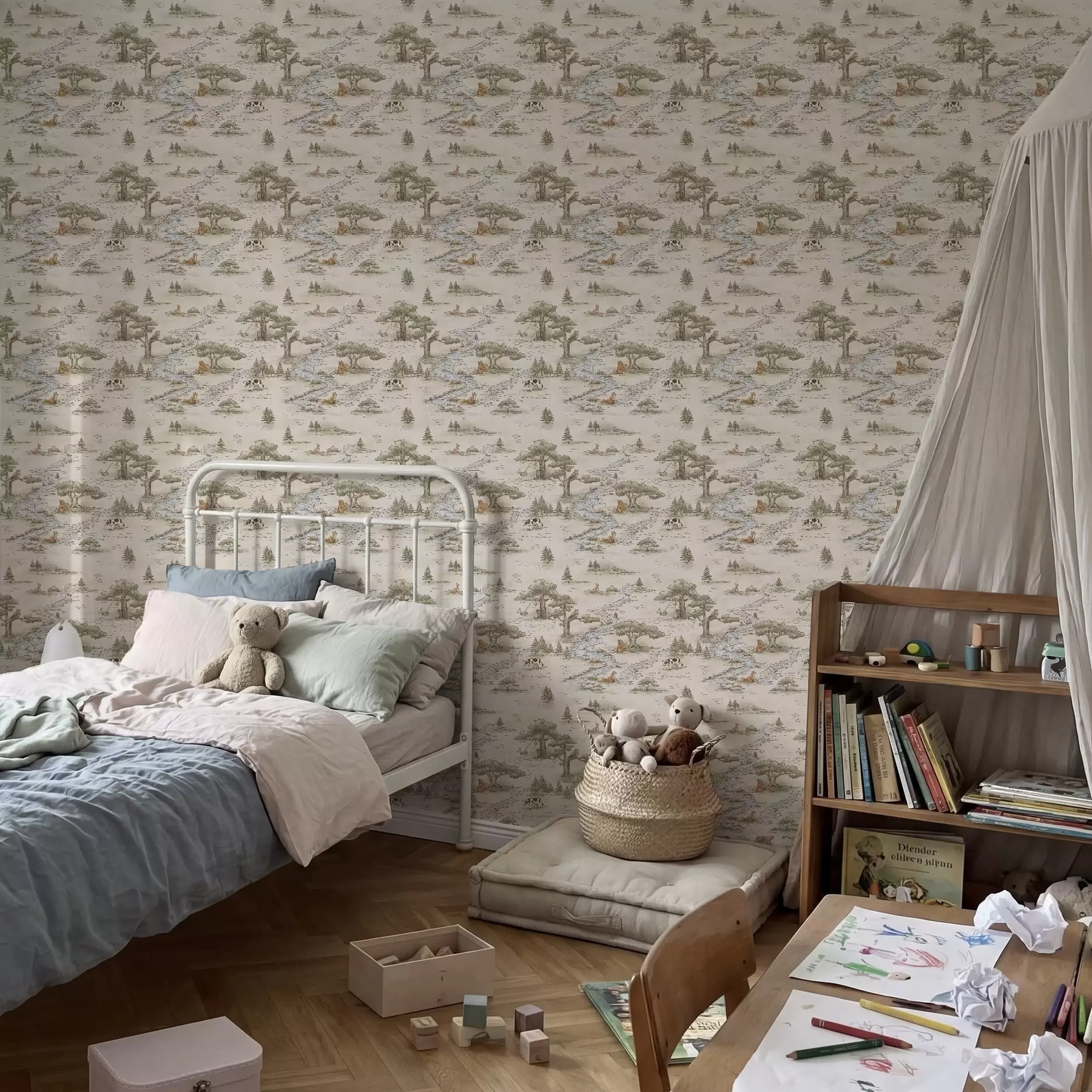 Valokuvatapetti Luontoaiheinen piirros, jossa on eläimiä ja joki a01157