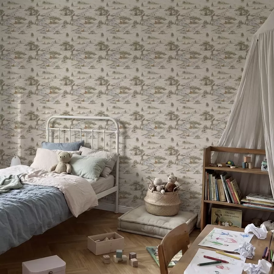 Valokuvatapetti Luontoaiheinen piirros, jossa on eläimiä ja joki a01157