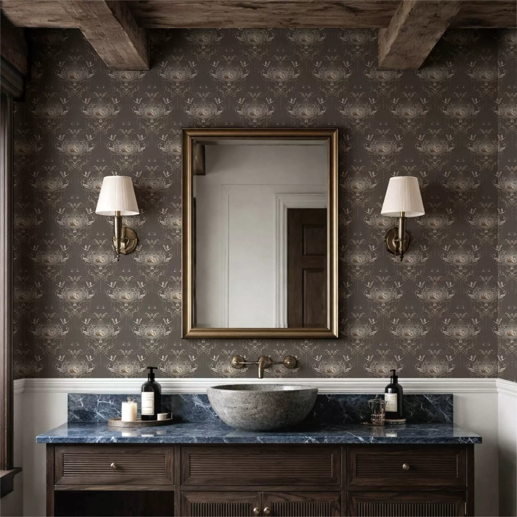 Valokuvatapetti Koriste, jossa on joutsenia ja lintuja klassisessa tyylissä a01161