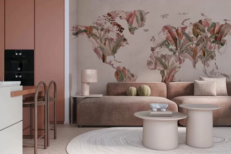 Valokuvatapetti Banaanilehdistä tehty vaaleanpunainen maailmankartta c00007v2